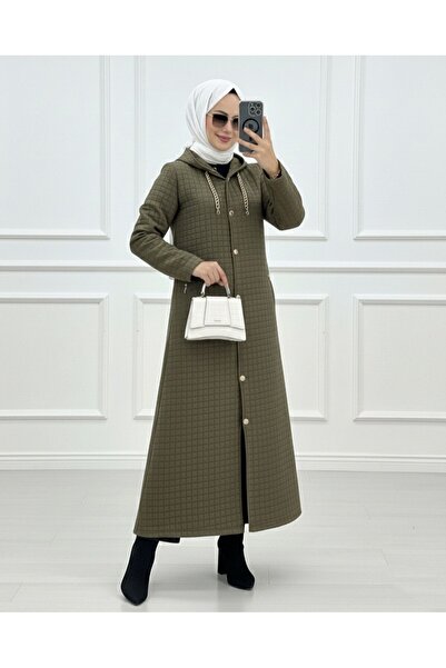 Modamorfo Long Quilted Coat with Chain Detail on the Collar - Khaki