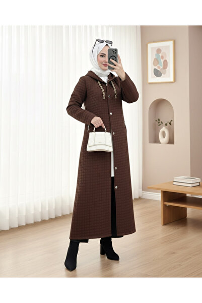 Modamorfo Long Quilted Coat with Chain Detail on the Collar - K. Brown