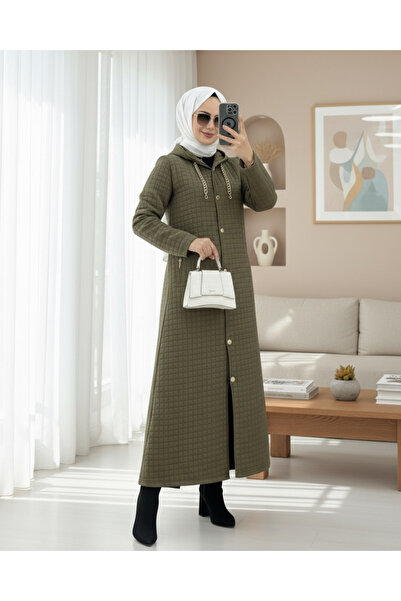 Modamorfo Long Quilted Coat with Chain Detail on the Collar - Khaki