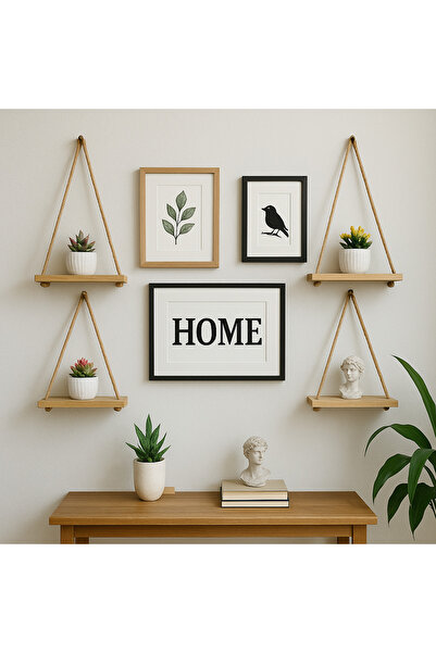 pinoxi 4 Adet Dekoratif Ahşap Halatlı Duvar Rafı Kitaplık & Çiçeklik Uçan Raf