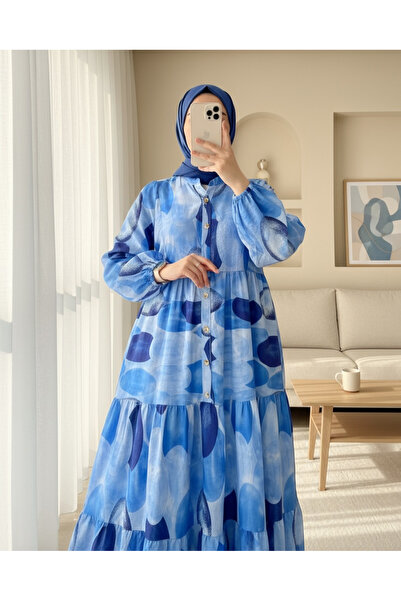 Modamorfo Circle Pattern Half Button Sleeve Elastic Dress - Dark Blue