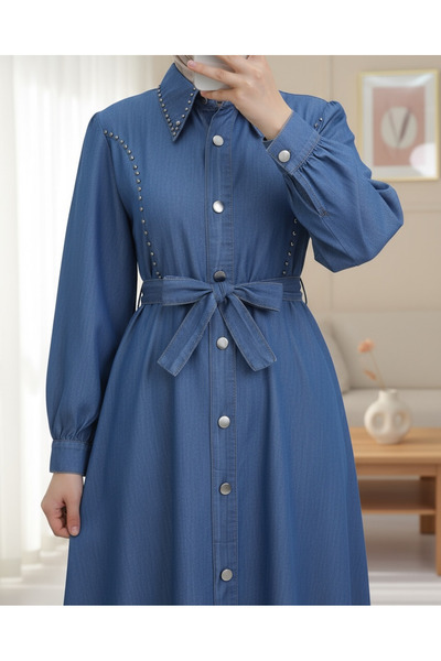 Modamorfo Blue Beaded Denim Dress - Buttoned Front Waist Tie