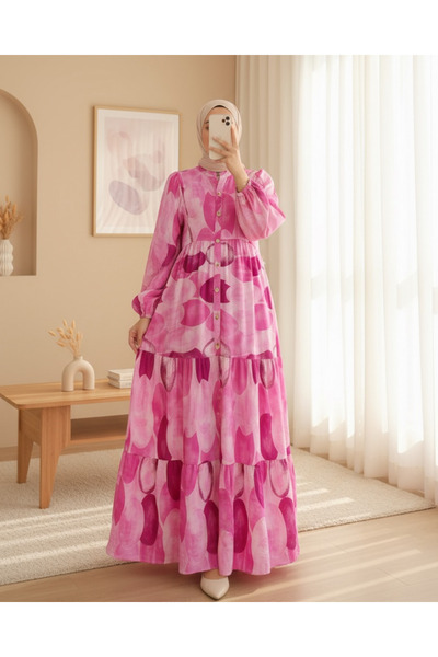 Modamorfo Circle Pattern Half Button Sleeve Elastic Dress -Fuchsia