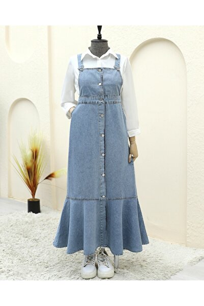 Modamorfo Φούστα με κουμπιά μπροστά και πλαϊνές τσέπες, τζιν με βολάν - Ice Blue