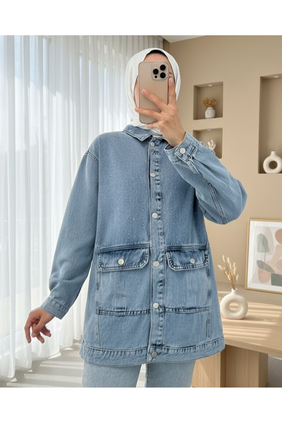 Modamorfo Ice Blue Sprinkled Stone Detailed Denim Jacket with Flap Pocket