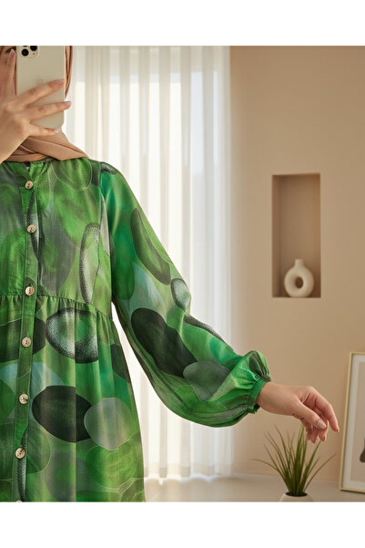 Modamorfo Circle Pattern Half Button Sleeve Elastic Dress -Dark Green