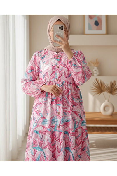 Modamorfo Floral Patterned Half Button Dress with Split Sleeves and Elastic Waist - Plum