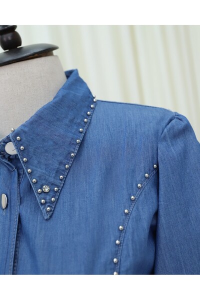 Modamorfo Blue Beaded Denim Dress - Buttoned Front Waist Tie