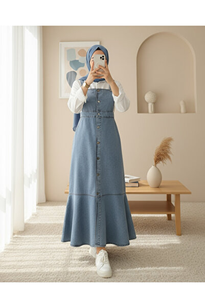 Modamorfo Φούστα με κουμπιά μπροστά και πλαϊνές τσέπες, τζιν με βολάν - Ice Blue