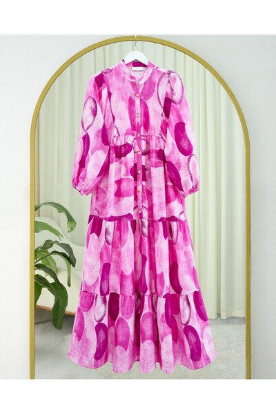 Modamorfo Circle Pattern Half Button Sleeve Elastic Dress -Fuchsia