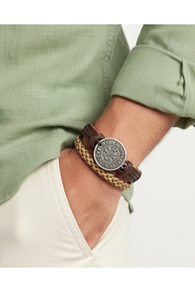 AB Takı مجموعة من 2 أساور من الجلد الطبيعي على الموضة مع شكل بوصلة Vegvisir