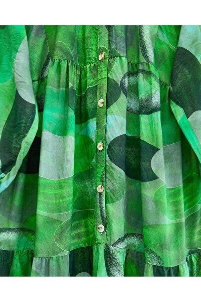 Modamorfo Circle Pattern Half Button Sleeve Elastic Dress -Dark Green