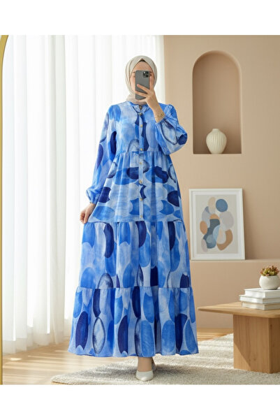 Modamorfo Circle Pattern Half Button Sleeve Elastic Dress - Dark Blue