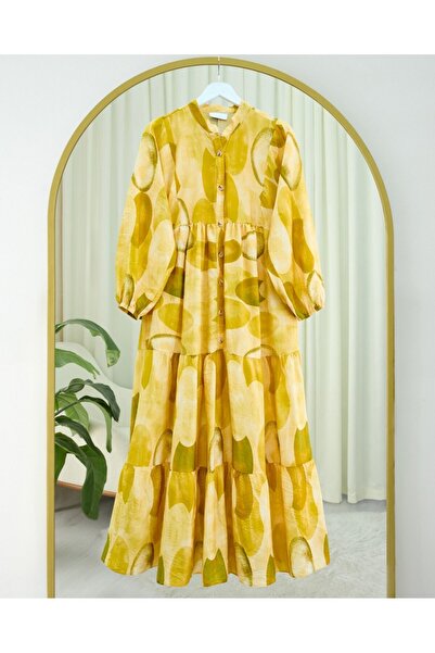 Modamorfo Circle Pattern Half Button Sleeve Elastic Dress -Yellow