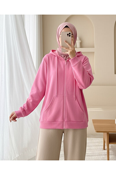 Modamorfo Hooded Zippered Pocket Combed Cotton Sweatshirt -Pink