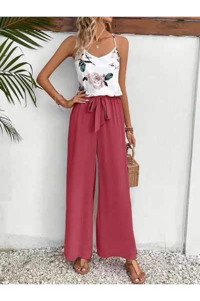 trend_ermege Women's Double Set with Rope Strap, V-Neck, Single Jersey Blouse and Aerobin Trousers