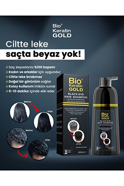 Bio Keratin Gold Saç Siyahlaştırıcı Beyaz Kapatıcı Hızlı Etkili Siyah Boya Şampuanı 400ml