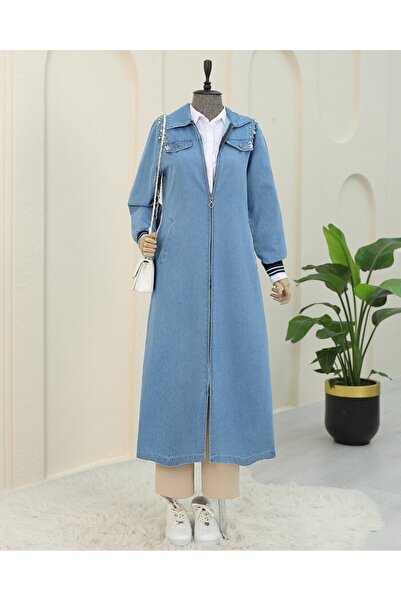 Modamorfo Dlouhá džínová čepice s perličkami na rameni a žebrovaným zipem