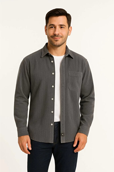 Butik Men's Corded Fabric Velvet Pocket Shirt Oversized Comfortable Fit - Smoked