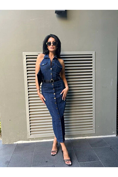 Adora Moda Жіноча сукня з поясом на талії, декольте на спині та кнопками