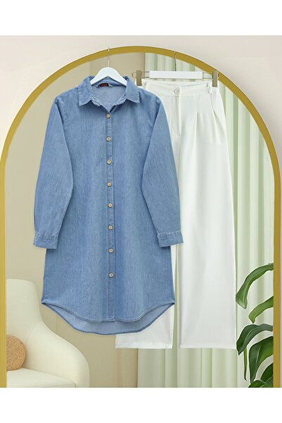 Modamorfo Long Denim Tunic with Wooden Buttons - Light Blue