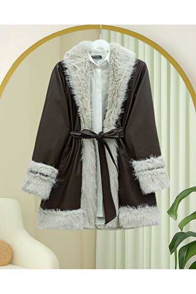 Modamorfo Leather Jacket with Fur Collar and Sleeves, Fur Lining and Belt - B...