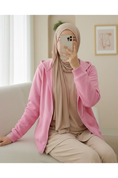 Modamorfo Hooded Zippered Pocket Combed Cotton Sweatshirt -Pink