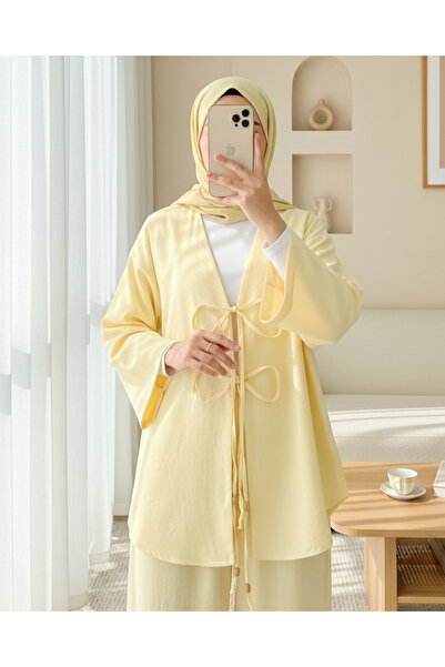 Modamorfo Kimono Suit with Double Tie Front Trousers - Light Yellow