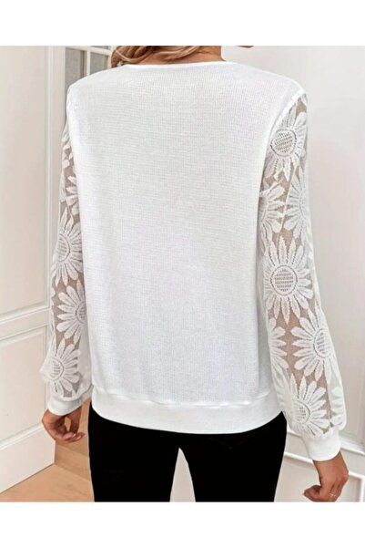 Modamorfo V-Neck Scalloped Sleeve Tulle Detail Blouse -White