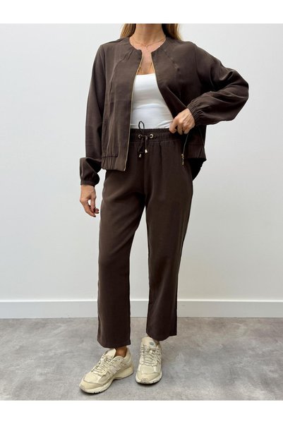 Maldia Shop Set damă cu jachetă cu fermoar și pantaloni, maro