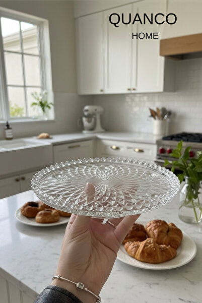 quanco Cam Sunumluk Tabak/23 cm/Lüks Servis Tabağı/Pasta Tabağı/