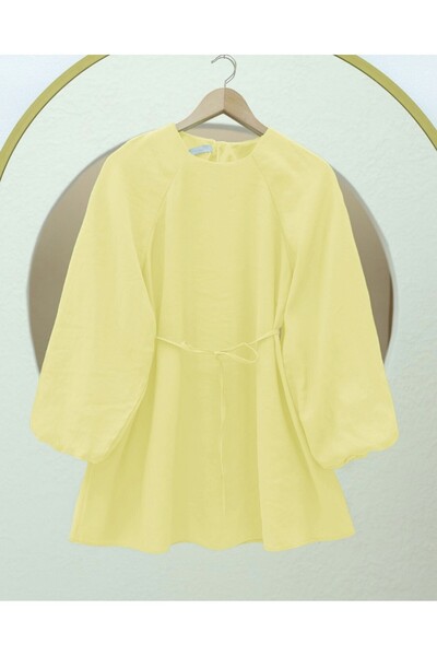 Modamorfo Round Neck Waist Lace up Balloon Sleeve Tunic -Light Yellow