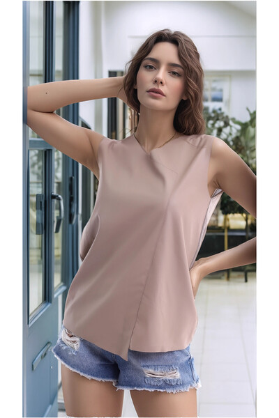 Cotton Mood 21112111 Front Leather, Back Knitwear Sleeveless Blouse Vizon