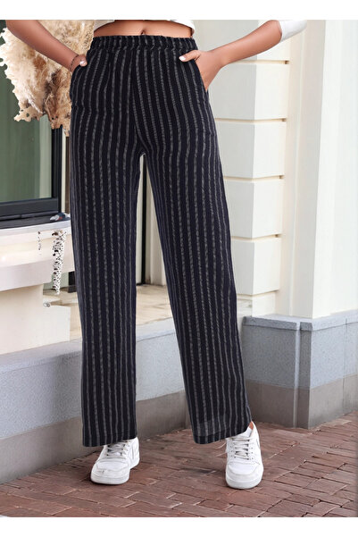 Cotton Mood 20333459 Linen Stripe Patterned Pocket Trousers Black