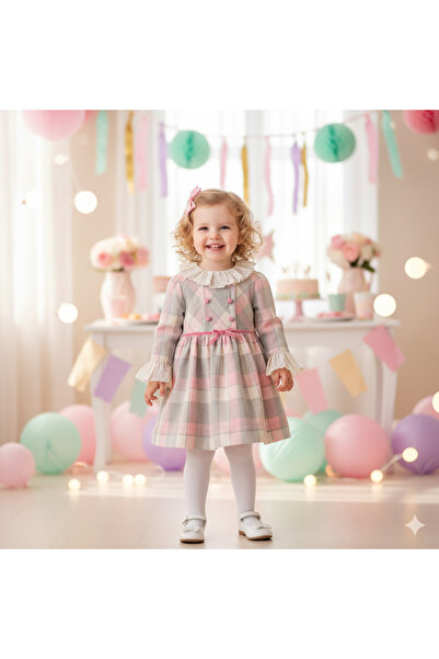 Florijee Elin – Bej Ekose Kız Bebek Elbisesi 6–24 Ay