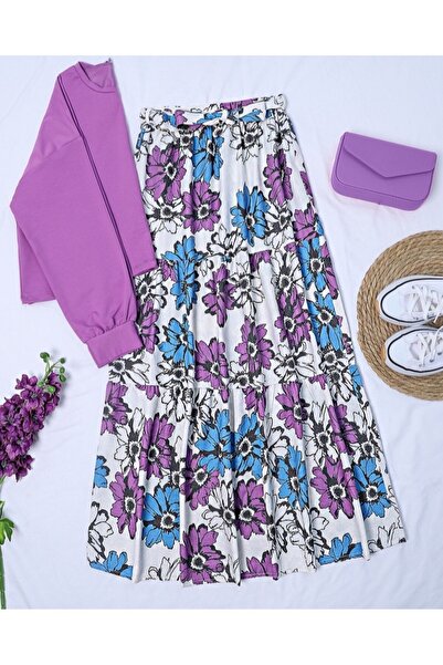 Modamorfo Linen Skirt - Patterned, Belted and Elastic Waist - Purple