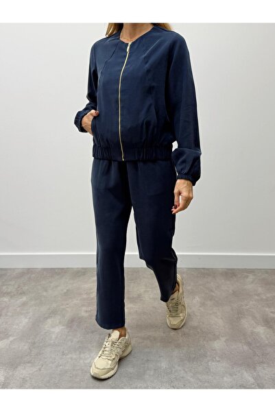 Maldia Shop Women's Zippered Jacket Pants Bottom-Top Navy Blue Set