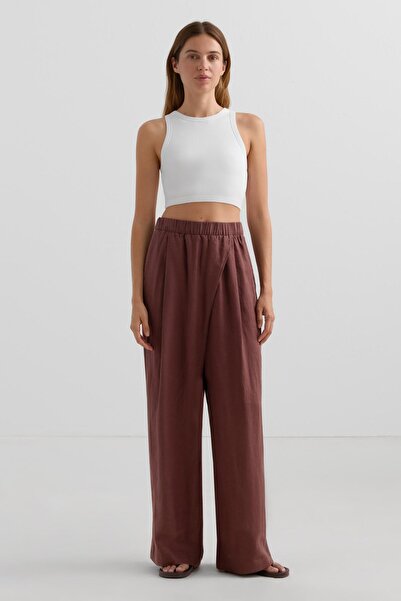 Oysho 100% linen wide straight-leg trousers with crossover front