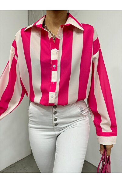 Modamorfo Πουκάμισο με χοντρές ρίγες με κουμπιά - Φούξια