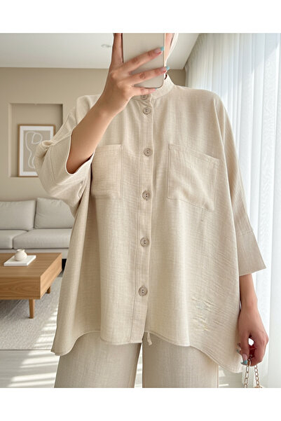 Modamorfo Double Pocket Half Bat Sleeve Casual Shirt Set - Beige