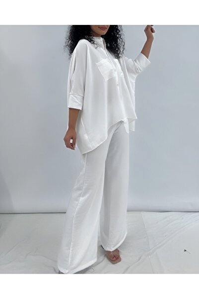 Modamorfo Double Pocket Half Bat Sleeve Loose Shirt Set -White