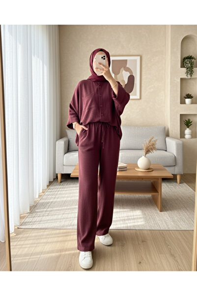 Modamorfo Double Pocket Half Bat Sleeve Loose Shirt Set - Burgundy