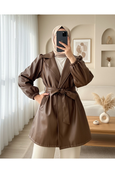 Modamorfo Capă din piele elastică cu mânecă cu nasturi cu buzunare duble - maro