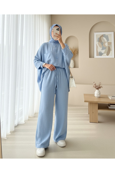 Modamorfo Dupla zsebes, fél denevérujjú, laza ing szett - babakék