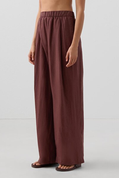 Oysho 100% linen wide straight-leg trousers with crossover front