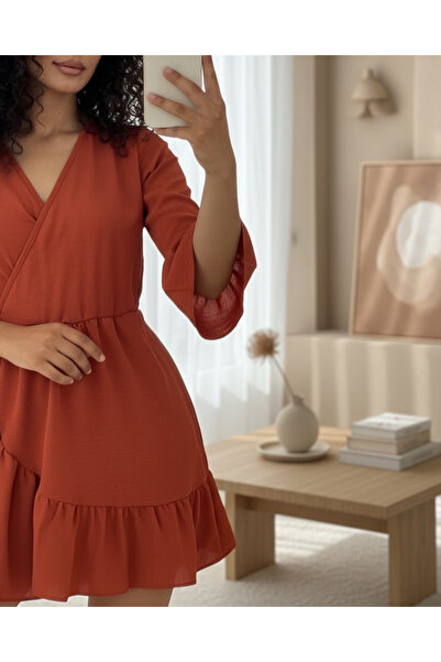 Modamorfo Elastic Waist Ayrobin Dress with Ruffled Hem and Sleeves - Tile