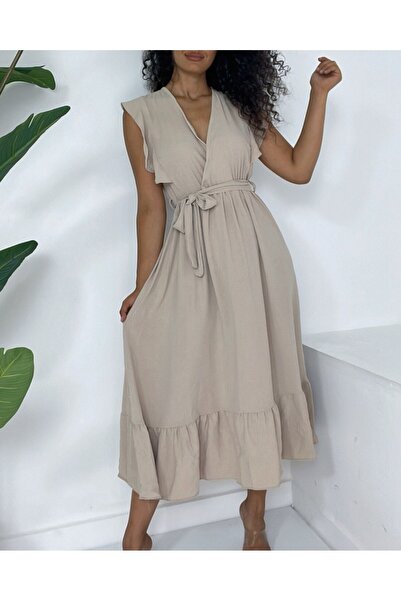 Modamorfo Mink Colored - Ruffled Shoulder and Elastic Waist Lace-Up Ayrobin Dress