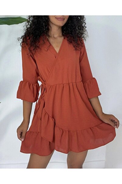 Modamorfo Elastic Waist Ayrobin Dress with Ruffled Hem and Sleeves - Tile