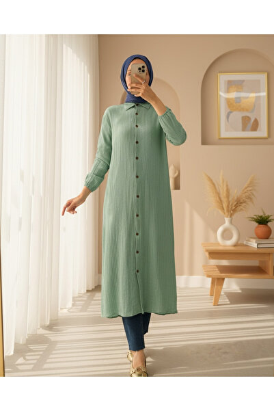 Modamorfo Long Crinkle Tunic with Button Sleeves and Elastic Sleeves - Mint