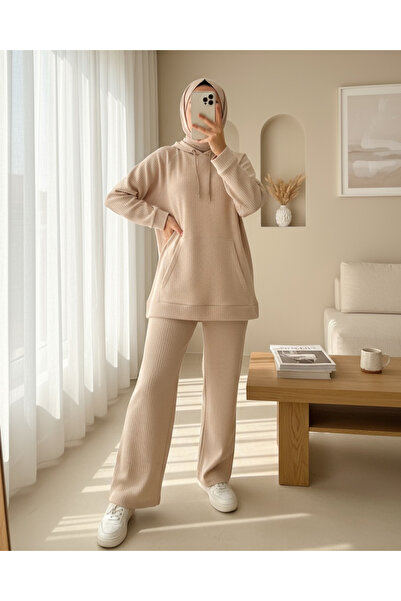 Modamorfo Hooded Kangaroo Pocket Corded Fabric Set -Beige